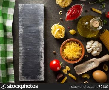 pasta and food ingredient on dark background