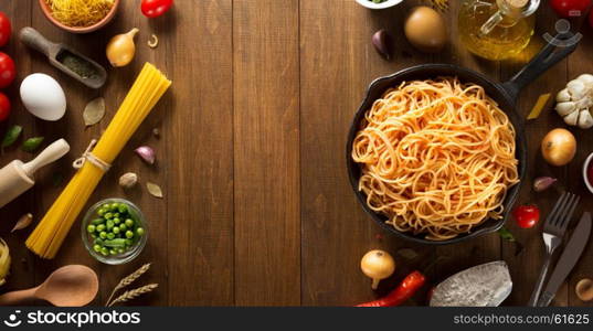 pasta and food ingredient on wooden background