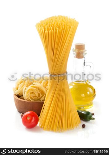pasta and ingredients isolated at white background