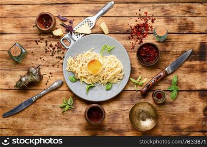 Pasta carbonara or spaghetti with bacon and parmesan cheese.Italian food. Homemade pasta carbonara