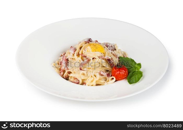 Pasta Carbonara. Pasta Carbonara on white plate with parmesan and yolk