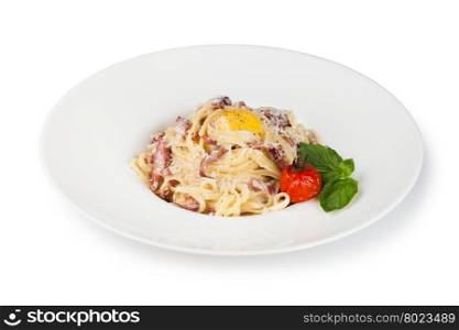Pasta Carbonara. Pasta Carbonara on white plate with parmesan and yolk
