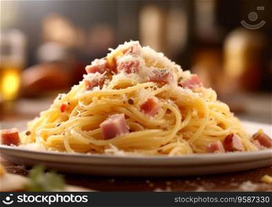 Pasta carbonara with bacon and cheese on table.AI Generative