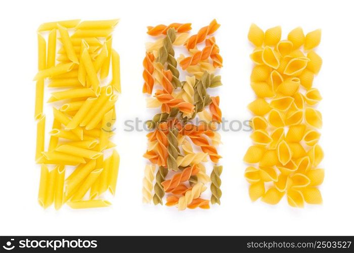 Pasta collection food isolated on white background. Raw pasta assortment italian food at white