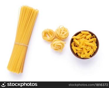 Pasta collection food isolated on white background. Raw pasta italian food at white