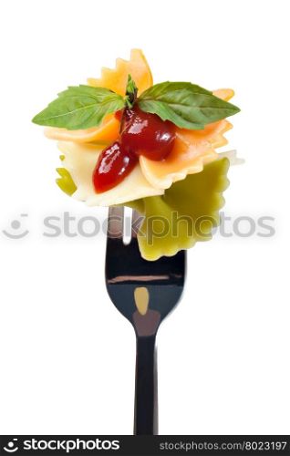 Pasta farfalle with sauce on a fork. Pasta farfalle with sauce on a fork. Isolated on a white background