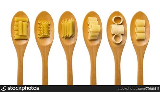 Pasta food selection in oak wood spoons over white background.