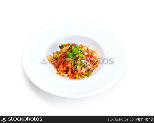 Pasta food with shrimps, herbs and mashrooms isolated on white background in studio