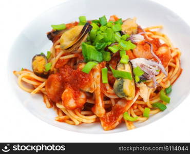 Pasta food with shrimps, herbs and mashrooms isolated on white background in studio