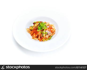 Pasta food with shrimps, herbs and mashrooms isolated on white background in studio