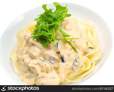 Pasta food with shrimps, herbs and mashrooms isolated on white background in studio