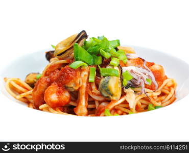 Pasta food with shrimps, herbs and mashrooms isolated on white background in studio