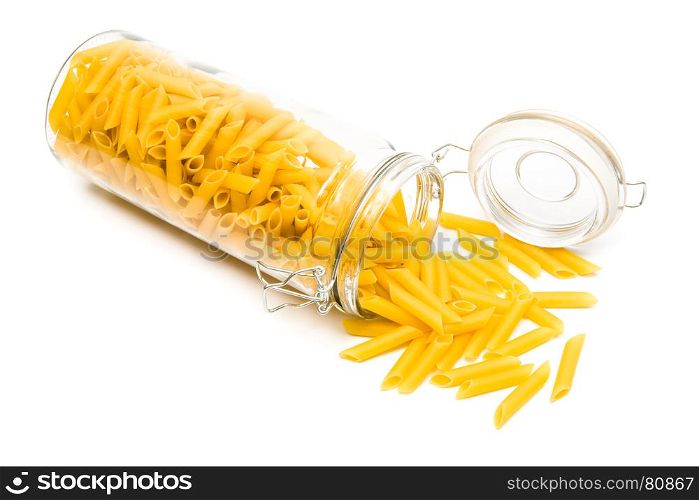pasta in glass can on a white background