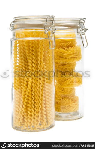 pasta in glass jar on a white background