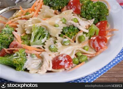 pasta salad with chicken, tomatoes, broccoli, green peas, carrots dressed with sour cream