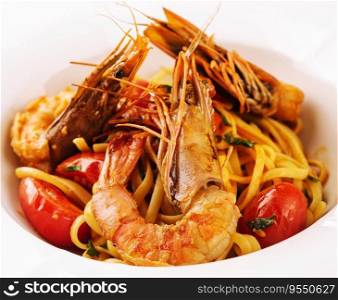 Pasta spaghetti with shrimps and tomato