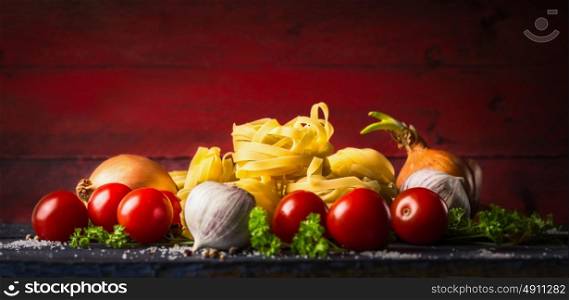 pasta tagliatelle with tomatoes, herbs and spices for tomato sauce, comosing on dark red background, banner, top view