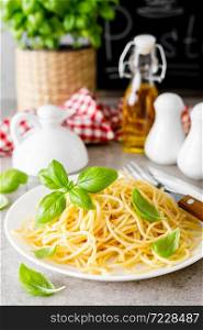 Pasta. Traditional italian food. Vermicelli with fresh basil