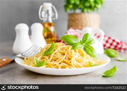 Pasta. Traditional italian food. Vermicelli with fresh basil