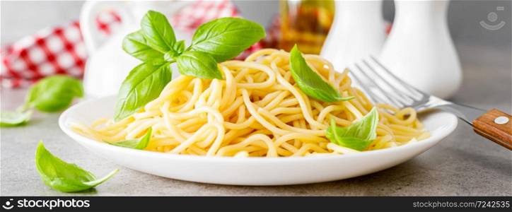 Pasta. Traditional italian food. Vermicelli with fresh basil. Banner