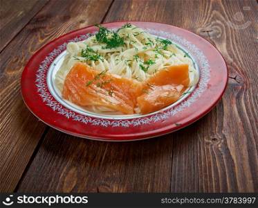 Pasta vermicelli with salmon . closeup