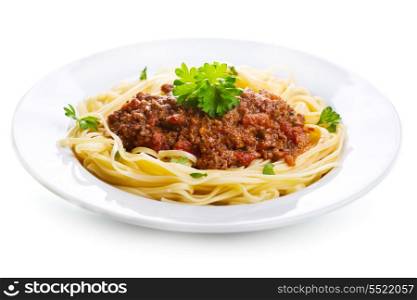 pasta with bolognese sauce on white background