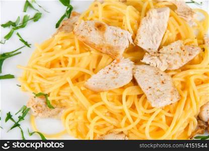 Pasta with chicken meat and greens tasty dish