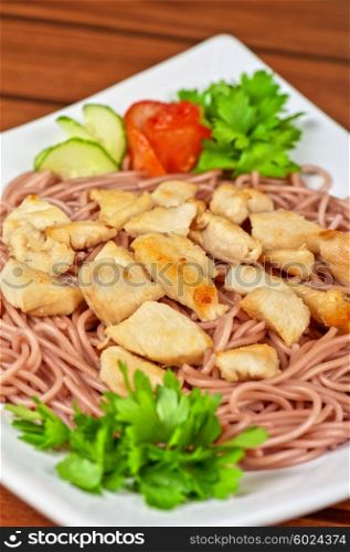 pasta with chicken meat. pasta with chicken meat and vegetable
