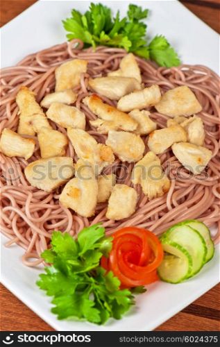 pasta with chicken meat. pasta with chicken meat and vegetable
