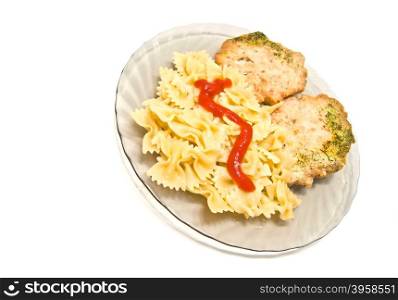 pasta with ketchup and meat on white background