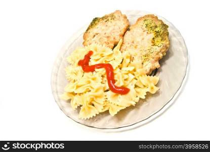 pasta with meat and ketchup on white background