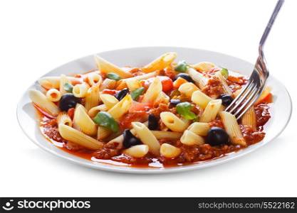pasta with meat and vegetables on white background