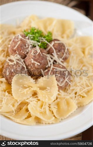 Pasta with meat balls . Pasta with meat balls and parmesan