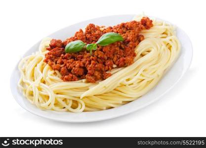 pasta with meat sauce on a white background