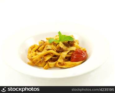 Pasta with meat sauce on towards white background