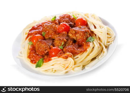 pasta with meatballs and tomato sauce on white background