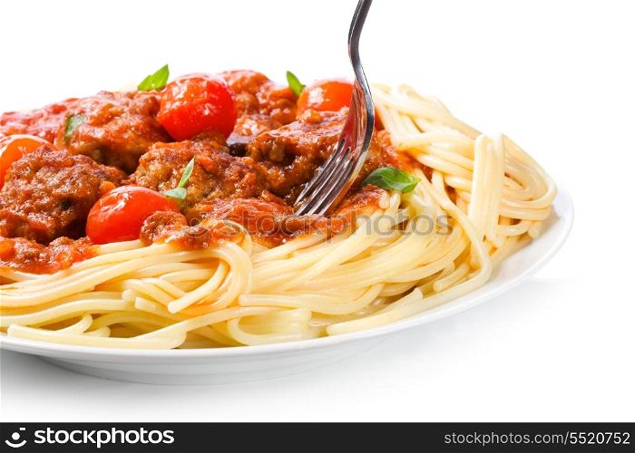 pasta with meatballs and tomato sauce on white background