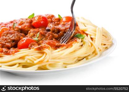 pasta with meatballs and tomato sauce on white background