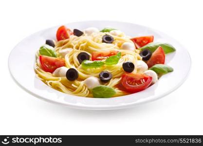 pasta with mozzarella and tomatoes on white background