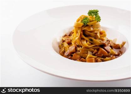Pasta with mushrooms on white background