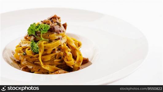 Pasta with mushrooms on white plate