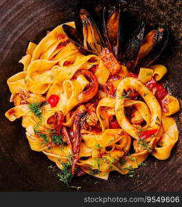 pasta with mussels, squid and octopus closeup