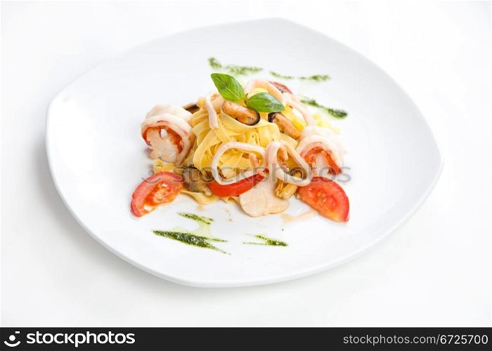 Pasta with seafood, close up photo