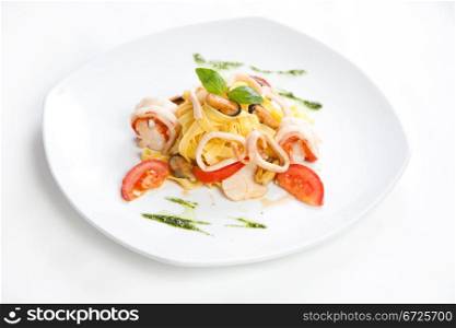 Pasta with seafood, close up photo