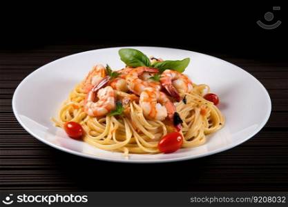 pasta with shrimps and cherry tomatoes in light sauce, created with generative ai. pasta with shrimps and cherry tomatoes in light sauce