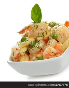 Pasta With Shrimps And Sauce In A White Bowl