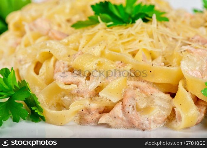 Pasta with shrimps sauce closeup