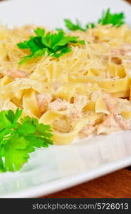 Pasta with shrimps sauce closeup