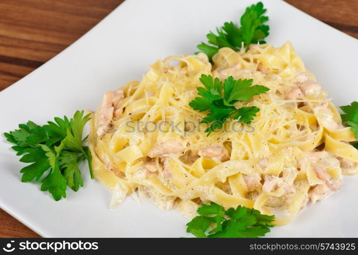 Pasta with shrimps sauce closeup