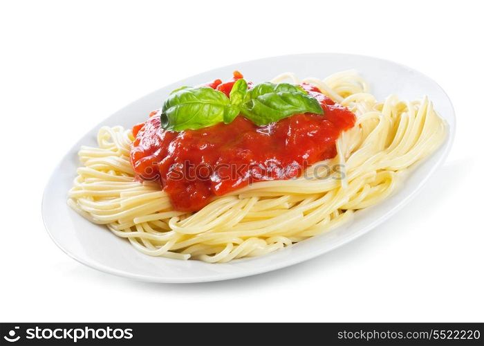 Pasta with tomato sauce and basil on white background